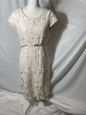 Luxology Ivory Floral Crochet Lace Sheath Dress Belted Size 12